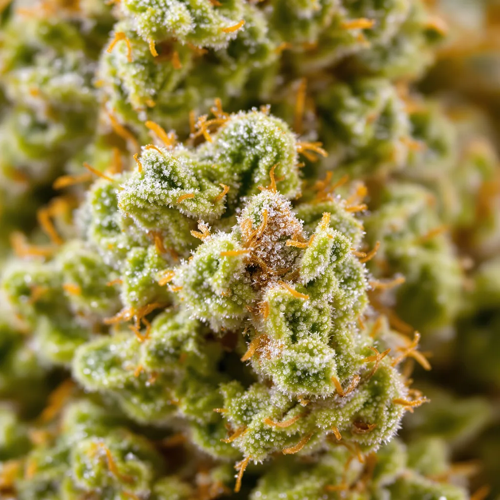 Primer plano de cogollo de cannabis Sour Tangie mostrando estructura aireada verde lima