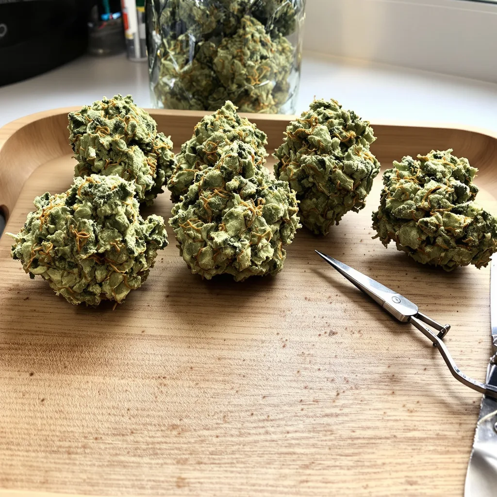 Sour Tsunami CBD 56% indica / 44% sativa — flor con tricomas visibles