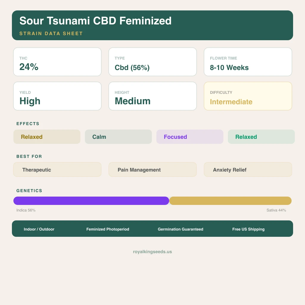 Sour Tsunami CBD 56% indica / 44% sativa — flor con tricomas visibles
