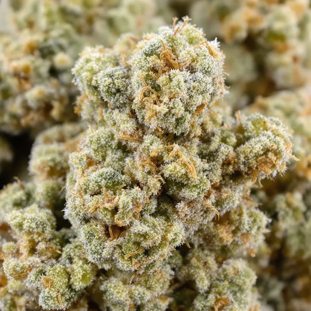 Primer plano de cogollo de cannabis Sour Tsunami CBD mostrando flor clara con baja resina