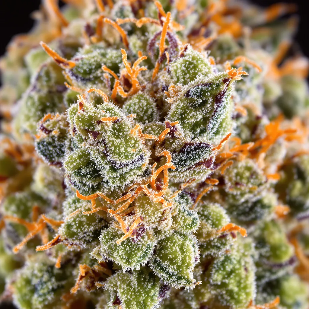 Primer plano de cogollo de cannabis Sour Tsunami mostrando estructura abierta con pistilos naranjas