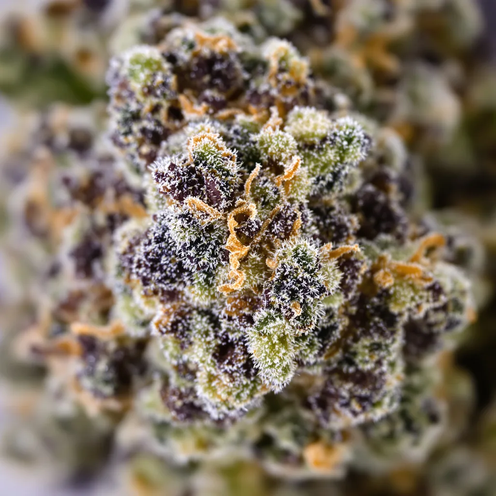 Primer plano de cogollo de cannabis South Indian mostrando cálices densos con tonos morados