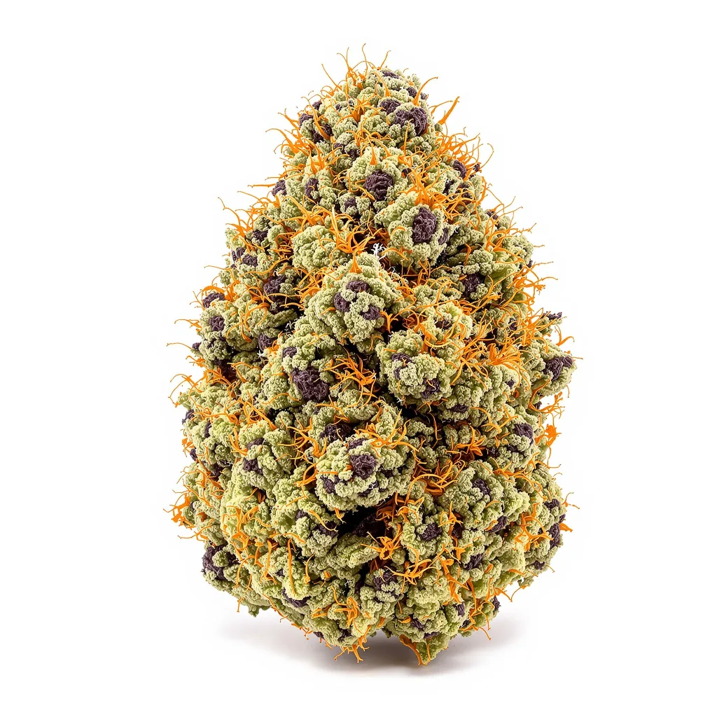 South Indian 73% indica / 27% sativa — flor con tricomas visibles