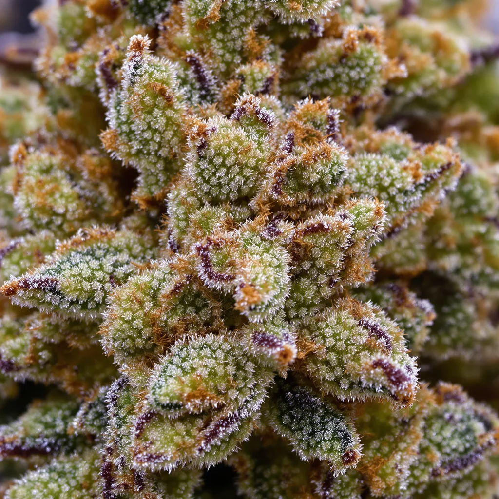 Primer plano de cogollo de cannabis Space Bomb mostrando estructura abierta con pistilos naranjas