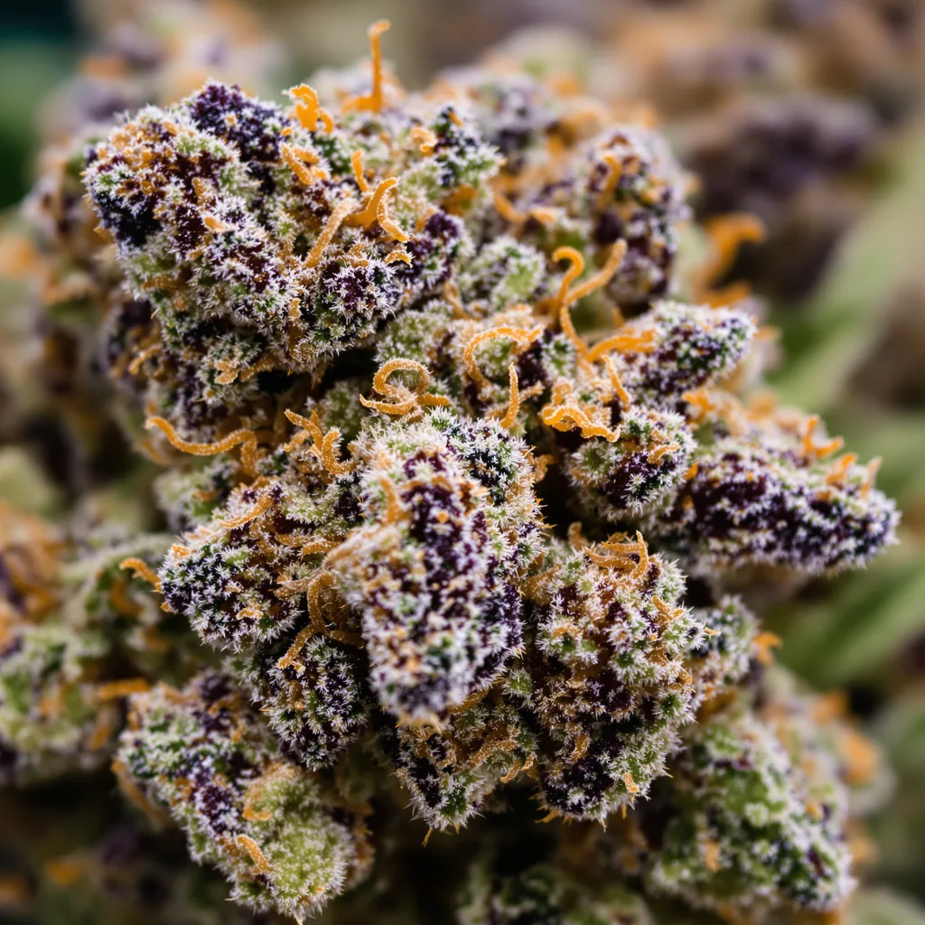Primer plano de cogollo de cannabis Space Dawg mostrando cálices densos con tonos morados