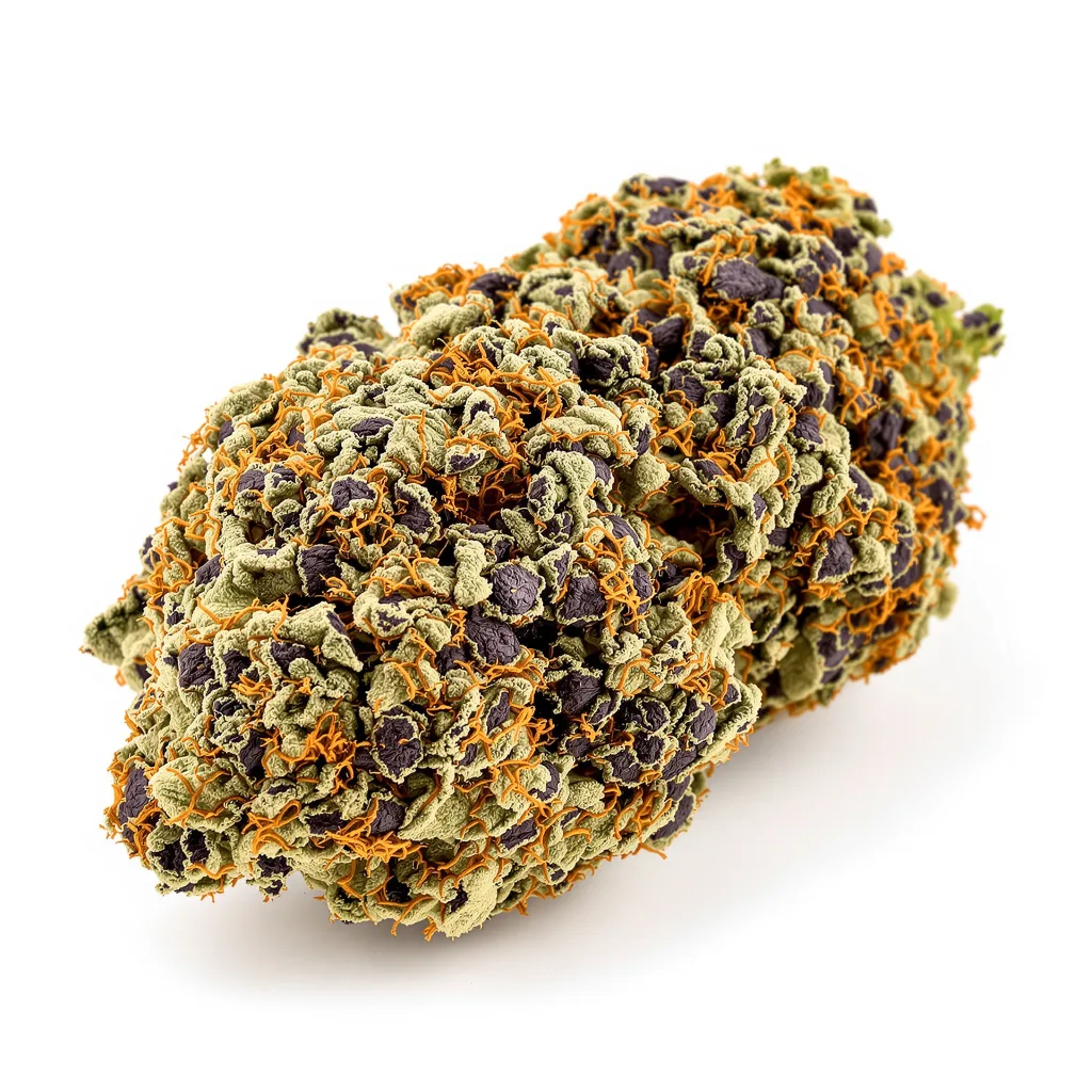 Space Dawg 89% indica / 11% sativa — flor con tricomas visibles