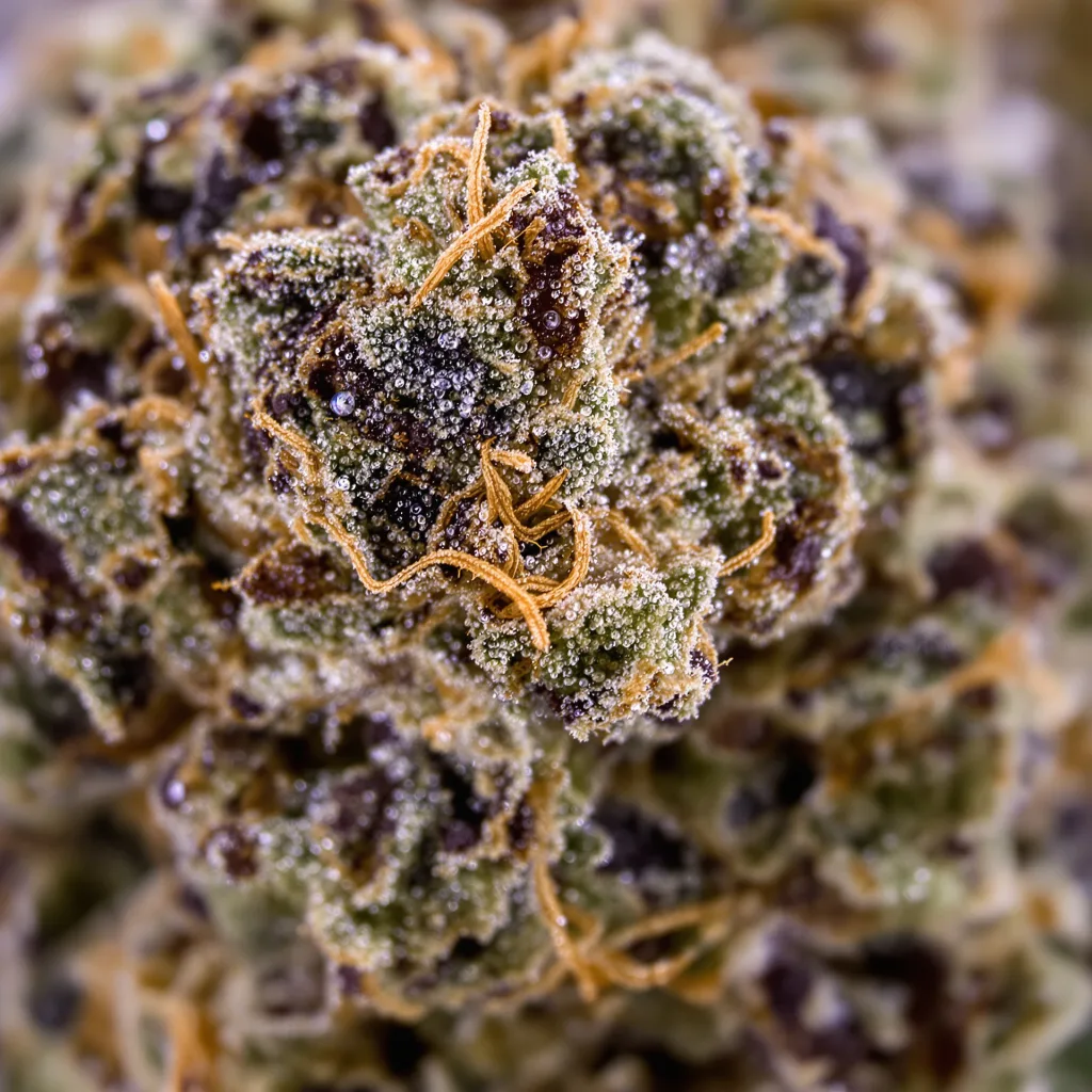 Primer plano de cogollo de cannabis Space Dawg mostrando cálices densos con tonos morados