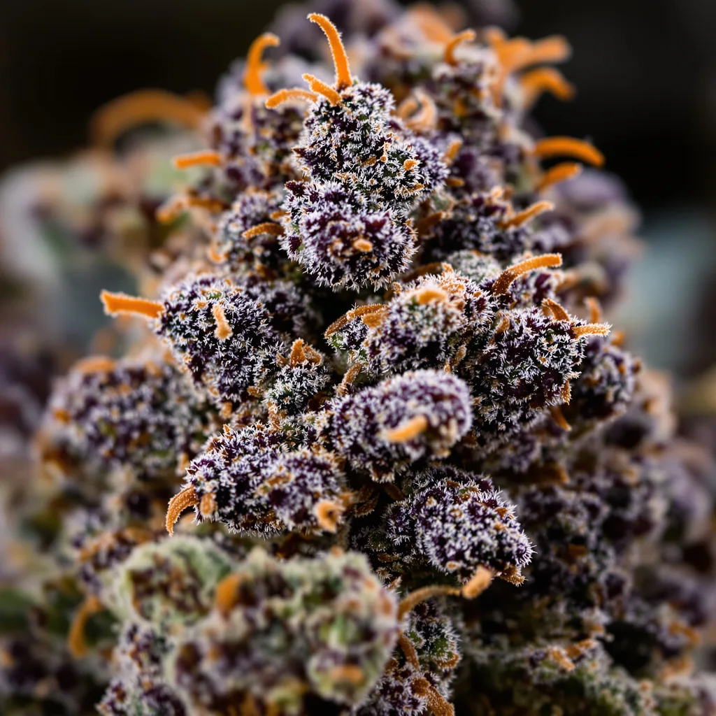 Primer plano de cogollo de cannabis Star Berry mostrando cálices densos con tonos morados