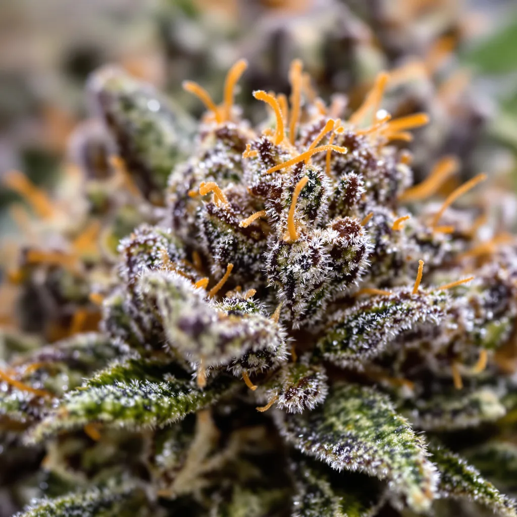 Primer plano de cogollo de cannabis Star Killer mostrando cálices densos con tonos morados
