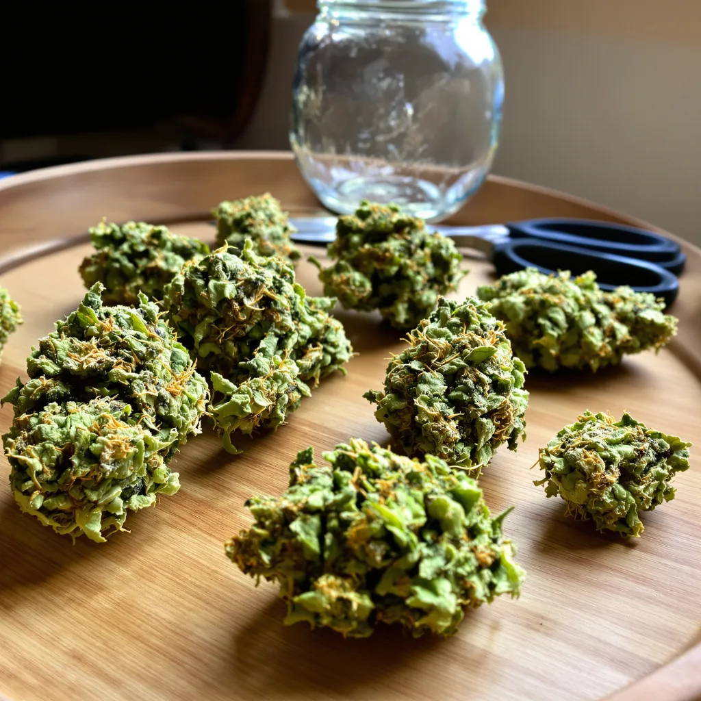 Stardawg 13% indica / 87% sativa — flor con tricomas visibles
