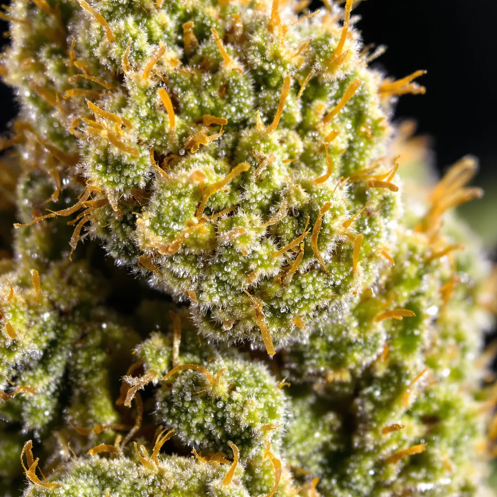 Primer plano de cogollo de cannabis Stardawg mostrando estructura aireada verde lima