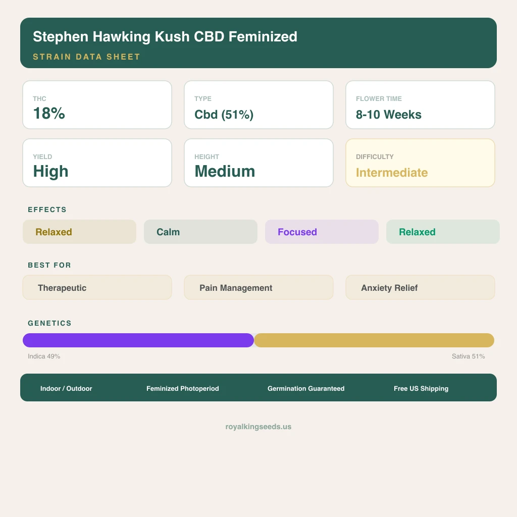 Stephen Hawking Kush CBD 49% indica / 51% sativa — flor con tricomas visibles