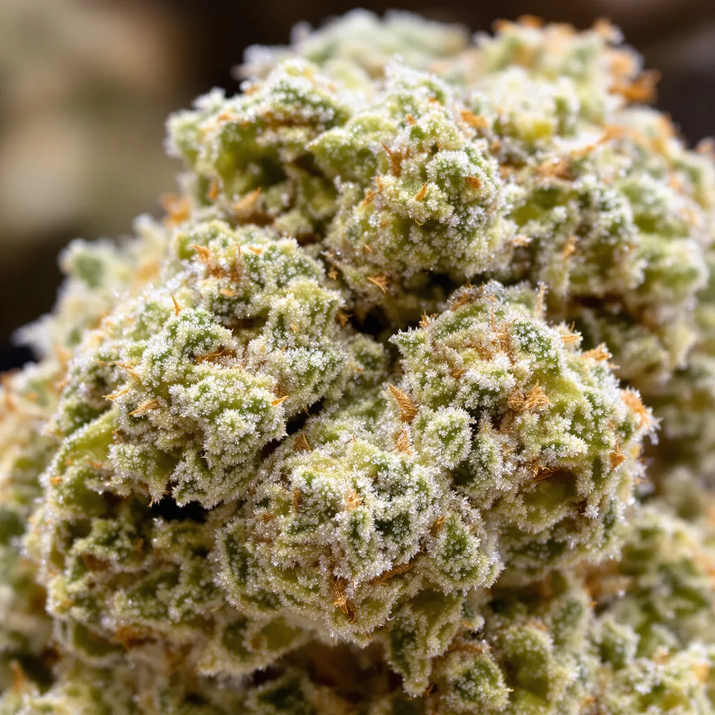 Primer plano de cogollo de cannabis Stephen Hawking Kush CBD mostrando flor clara con baja resina