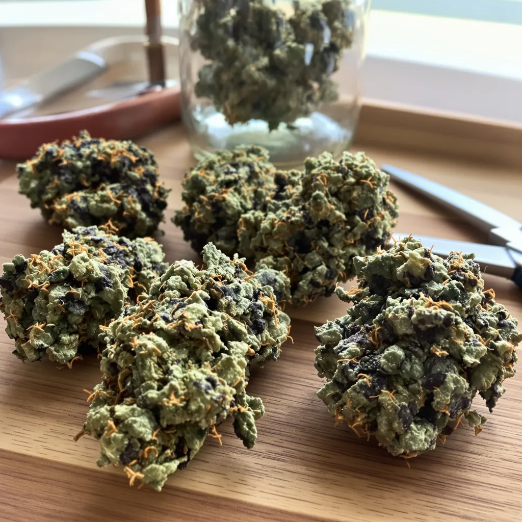 Stinking Rich 80% indica / 20% sativa — flor con tricomas visibles