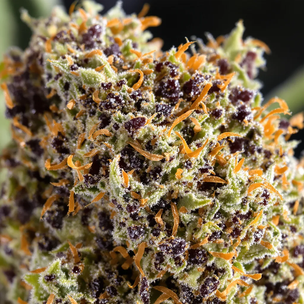 Primer plano de cogollo de cannabis Stinking Rich mostrando cálices densos con tonos morados