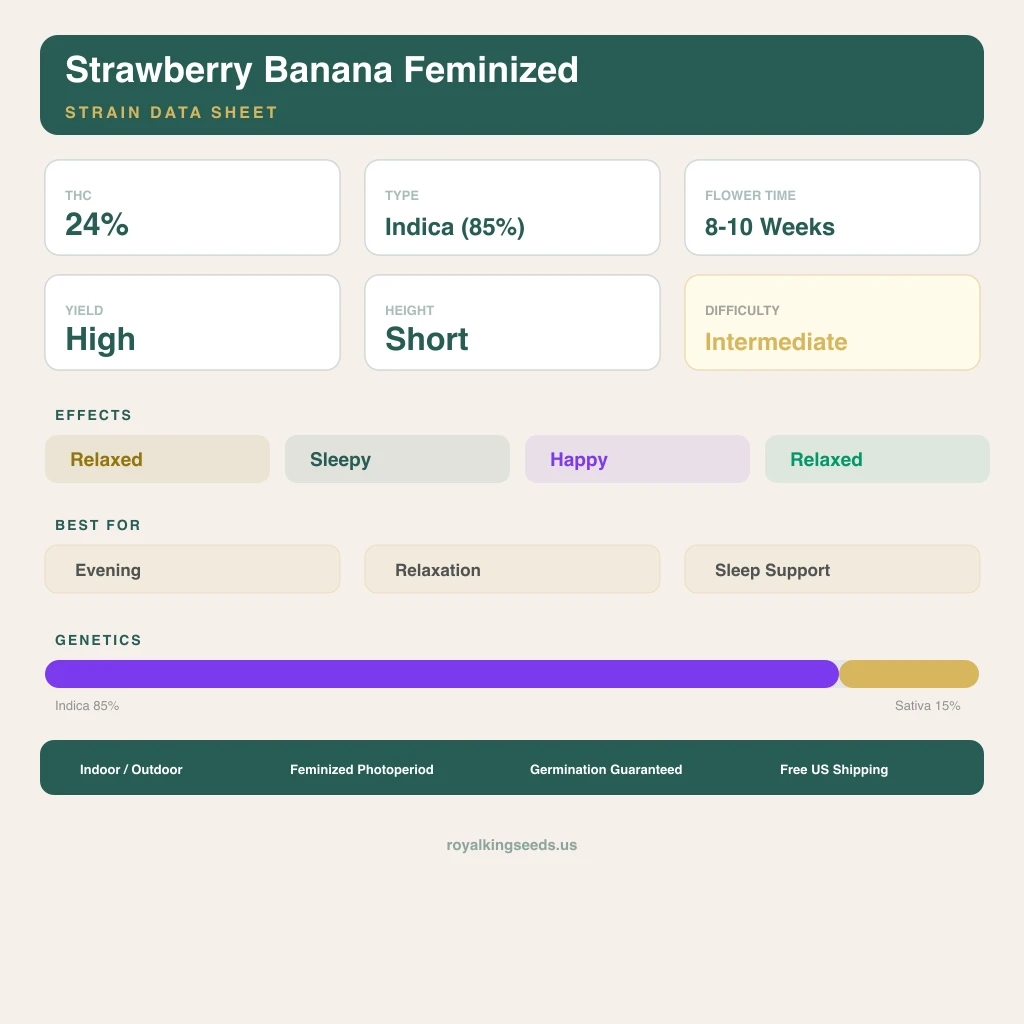 Strawberry Banana 85% indica / 15% sativa — flor con tricomas visibles