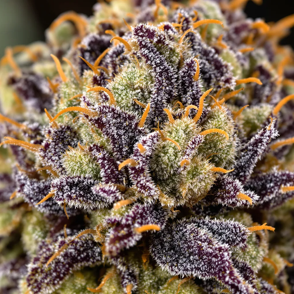Primer plano de cogollo de cannabis Strawberry Banana mostrando cálices densos con tonos morados
