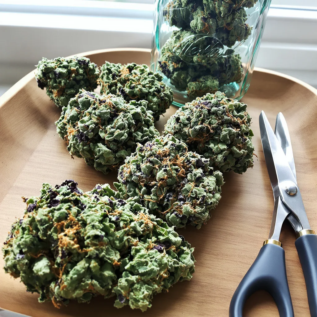 Strawberry Cheese 56% indica / 44% sativa — flor con tricomas visibles