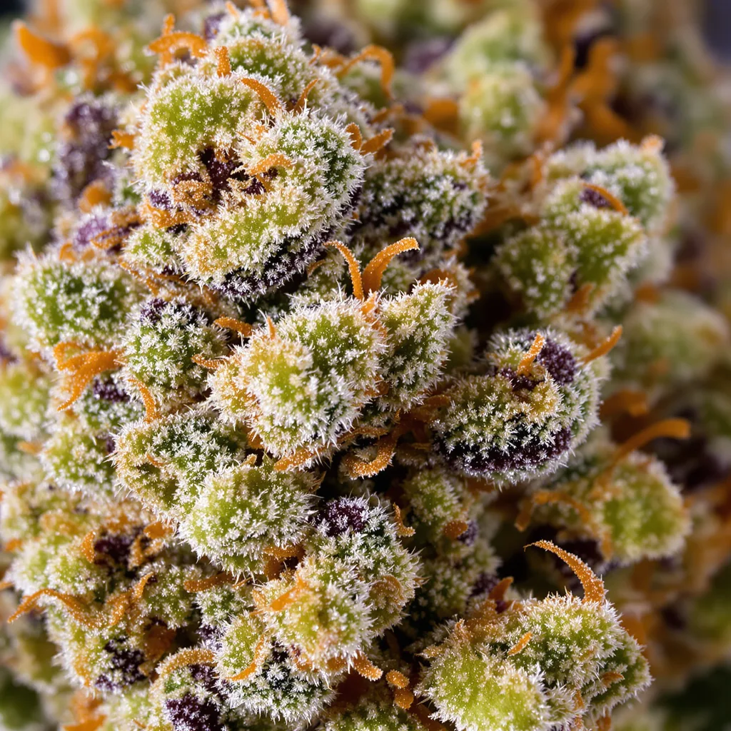 Primer plano de cogollo de cannabis Strawberry Cheese mostrando estructura equilibrada con tricomas escarchados