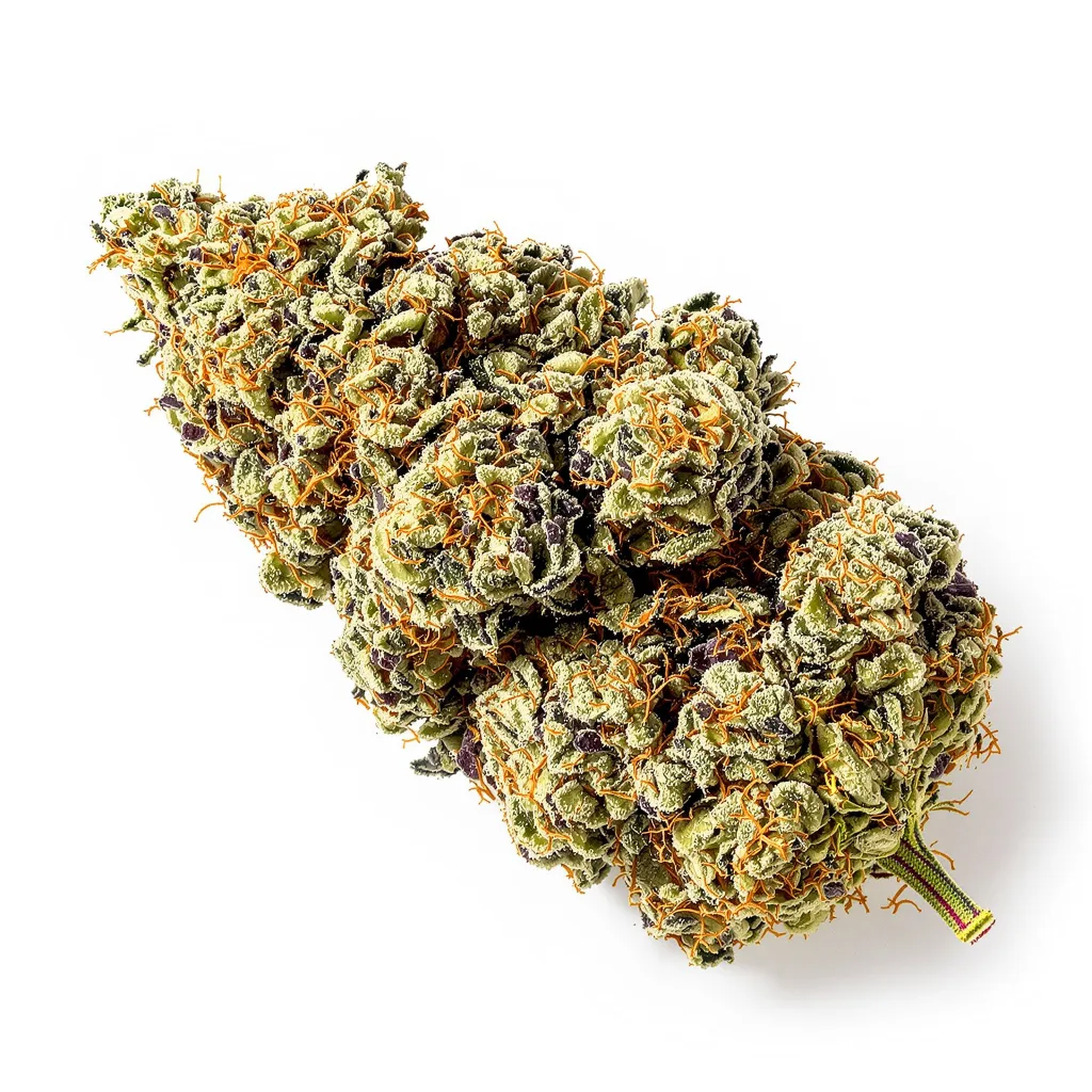 Strawberry Cheese 56% indica / 44% sativa — flor con tricomas visibles