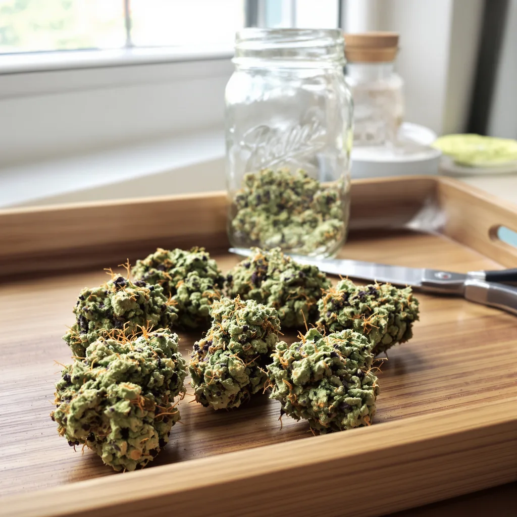 Strawberry Cheese 56% indica / 44% sativa — flor con tricomas visibles