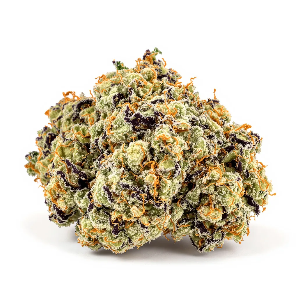Strawberry Cheese 56% indica / 44% sativa — flor con tricomas visibles
