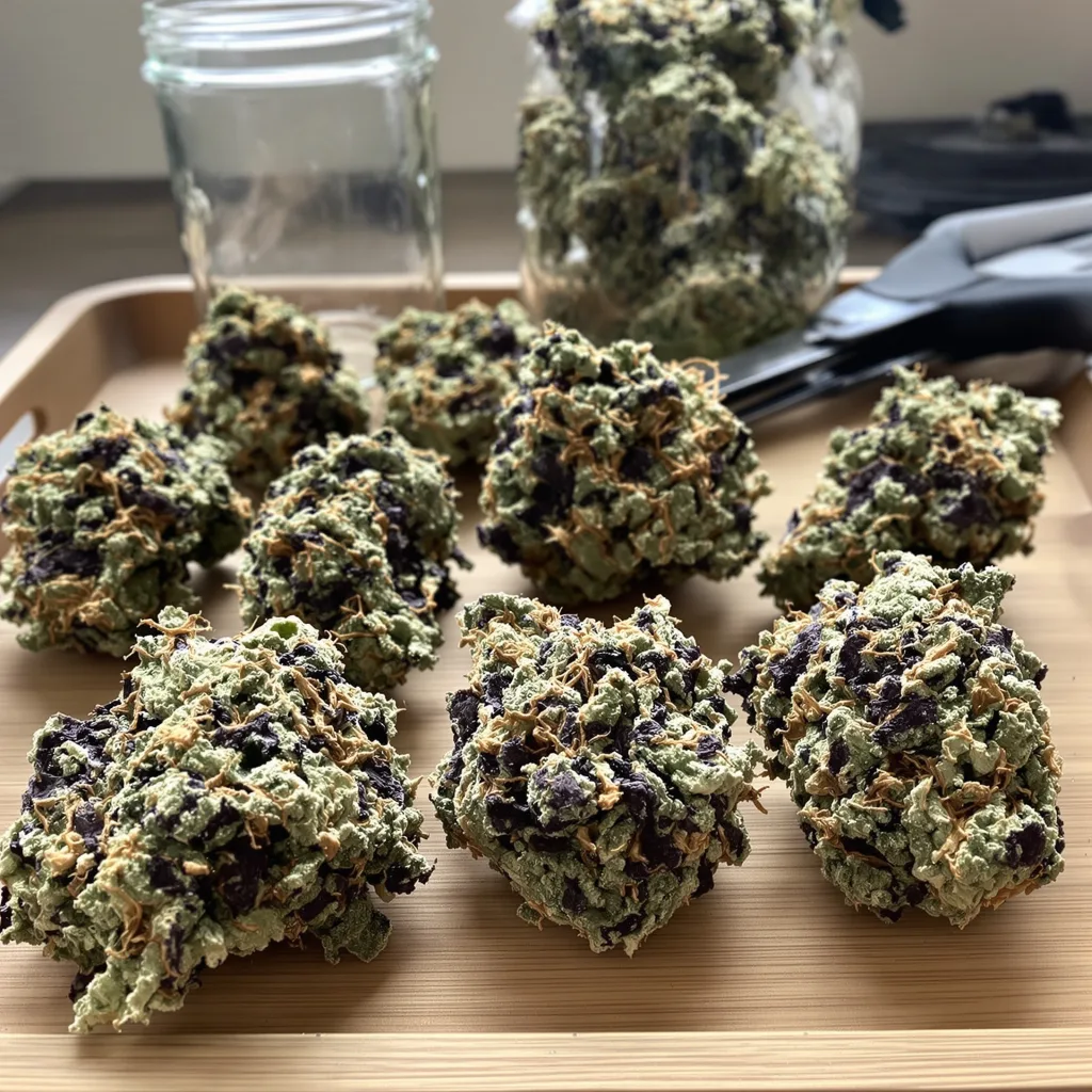 Strawberry Cheesecake 70% indica / 30% sativa — flor con tricomas visibles