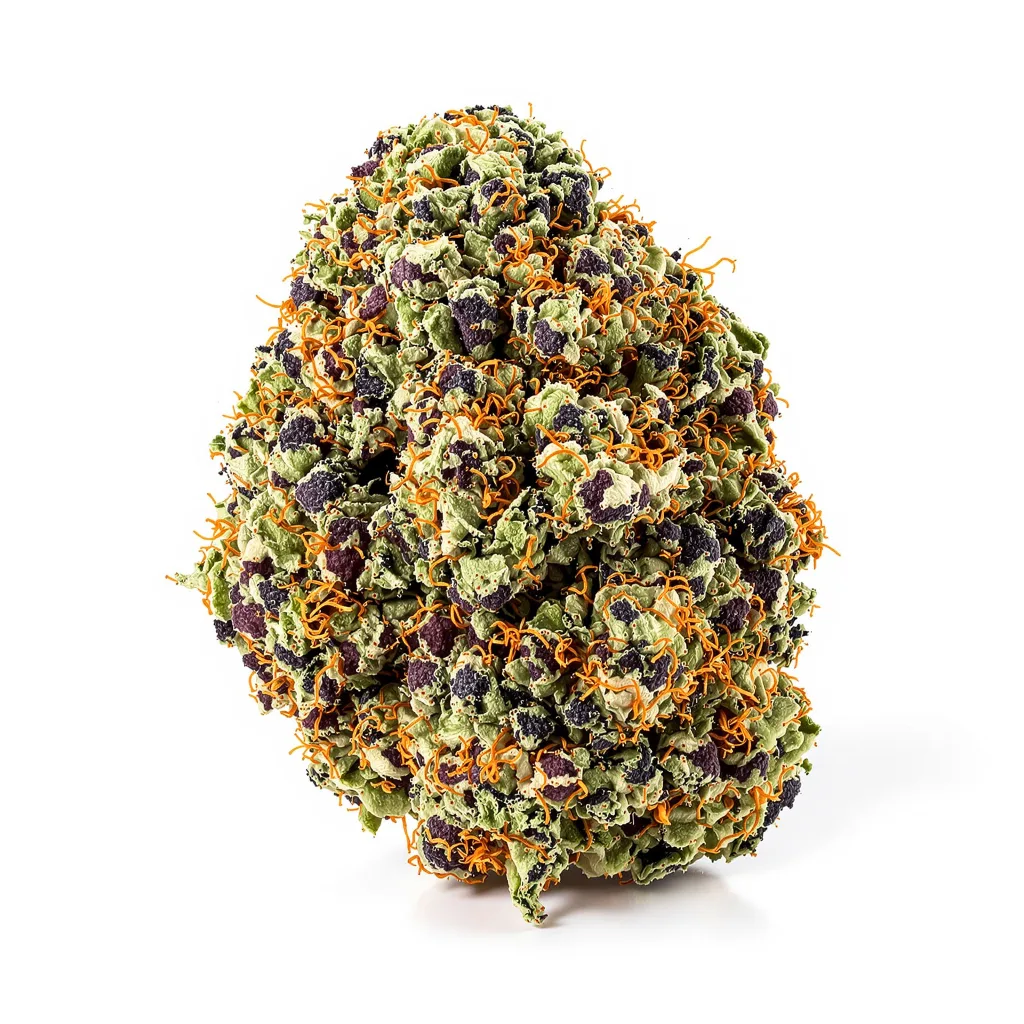 Strawberry Cheesecake 70% indica / 30% sativa — flor con tricomas visibles