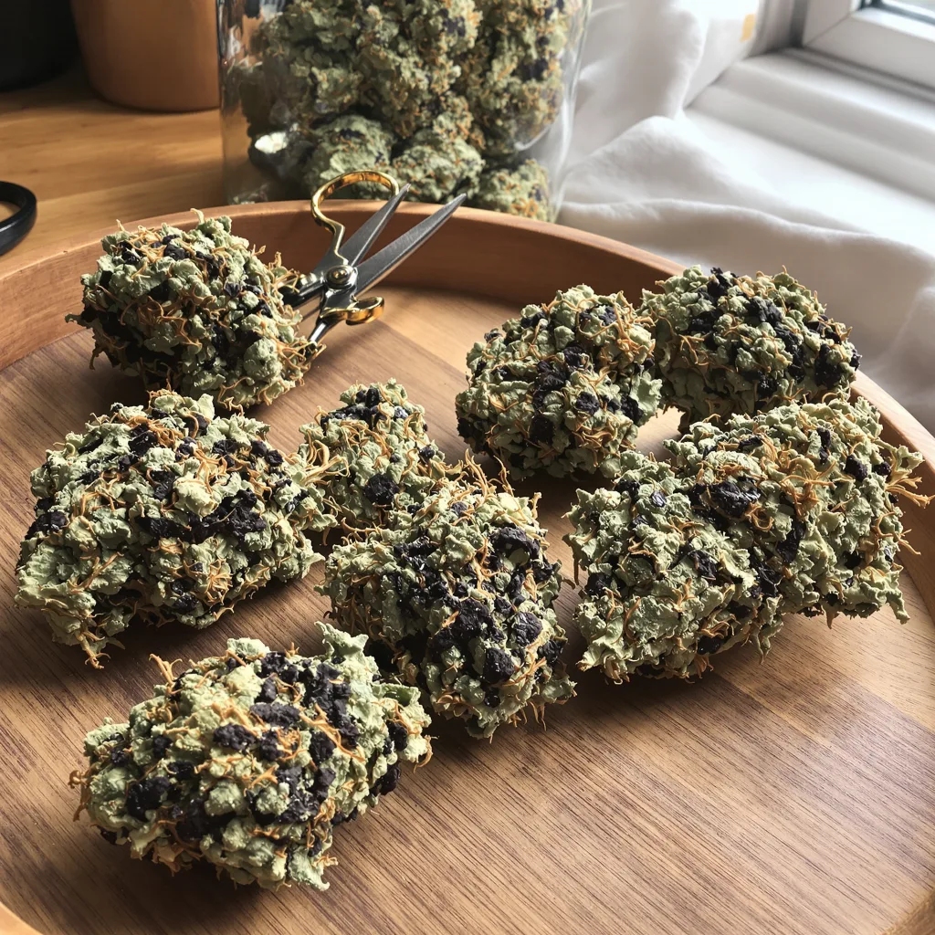 Strawberry Cheesecake 70% indica / 30% sativa — flor con tricomas visibles