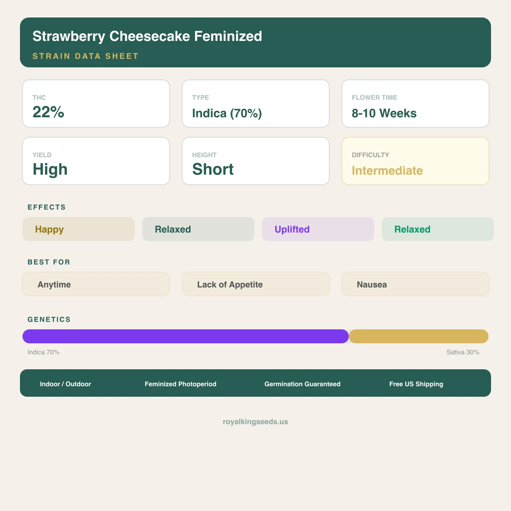 Strawberry Cheesecake 70% indica / 30% sativa — flor con tricomas visibles