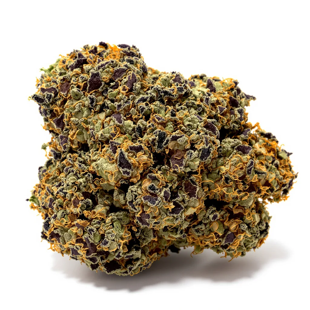 Strawberry Cheesecake 70% indica / 30% sativa — flor con tricomas visibles