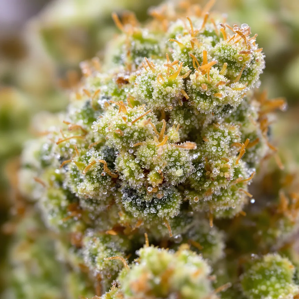 Primer plano de cogollo de cannabis Strawberry Cough mostrando estructura aireada verde lima