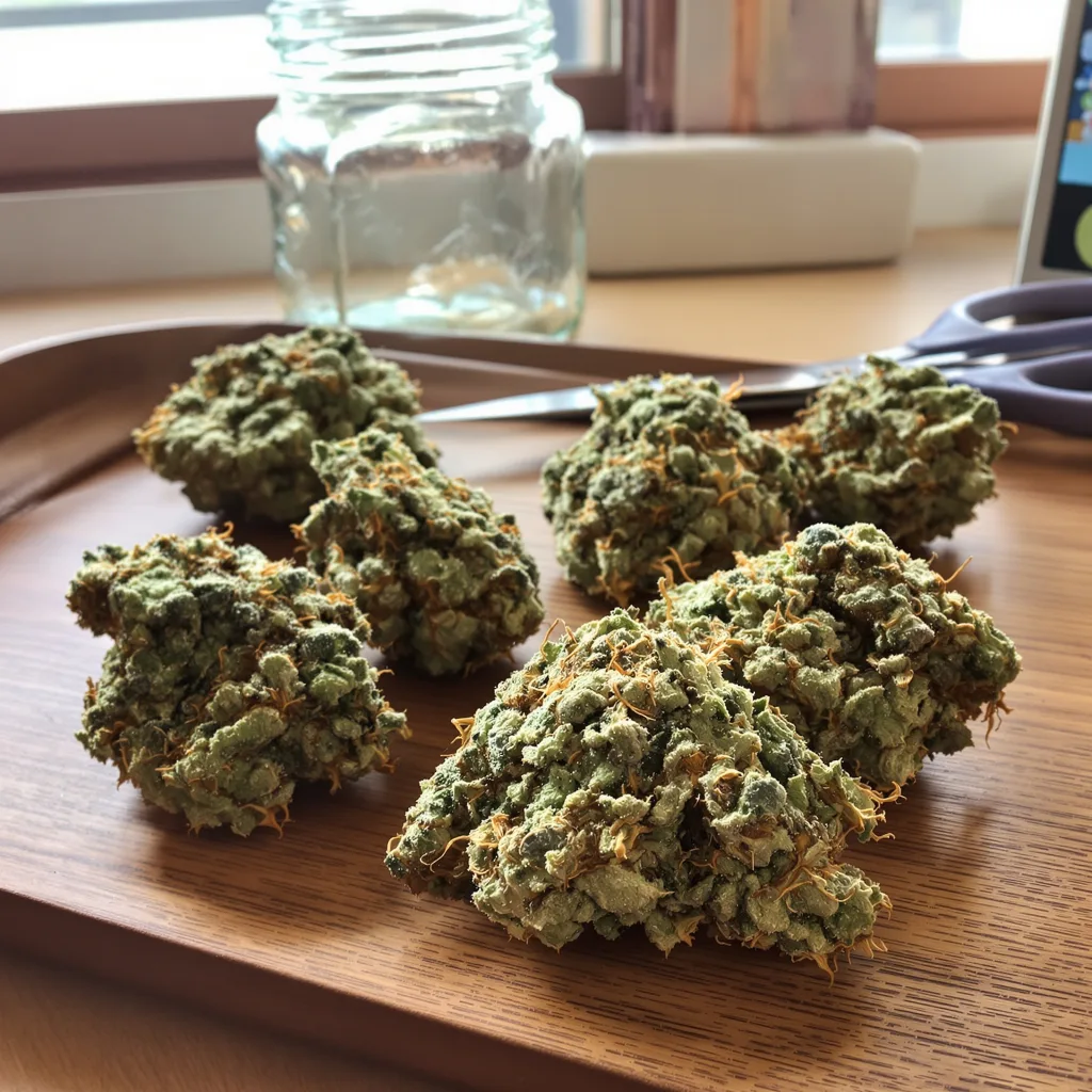 Strawberry Diesel 59% indica / 41% sativa — flor con tricomas visibles