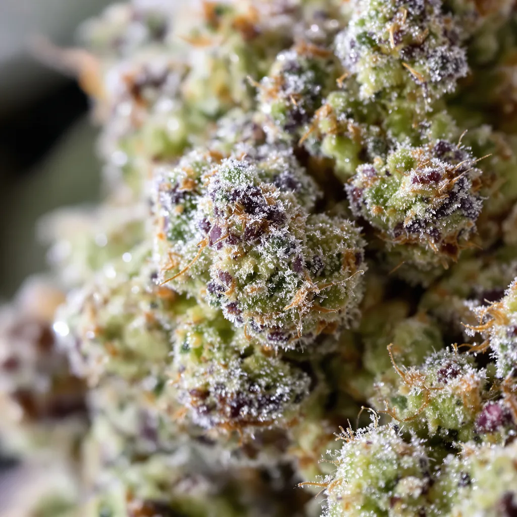 Primer plano de cogollo de cannabis Strawberry Diesel mostrando estructura equilibrada con tricomas escarchados