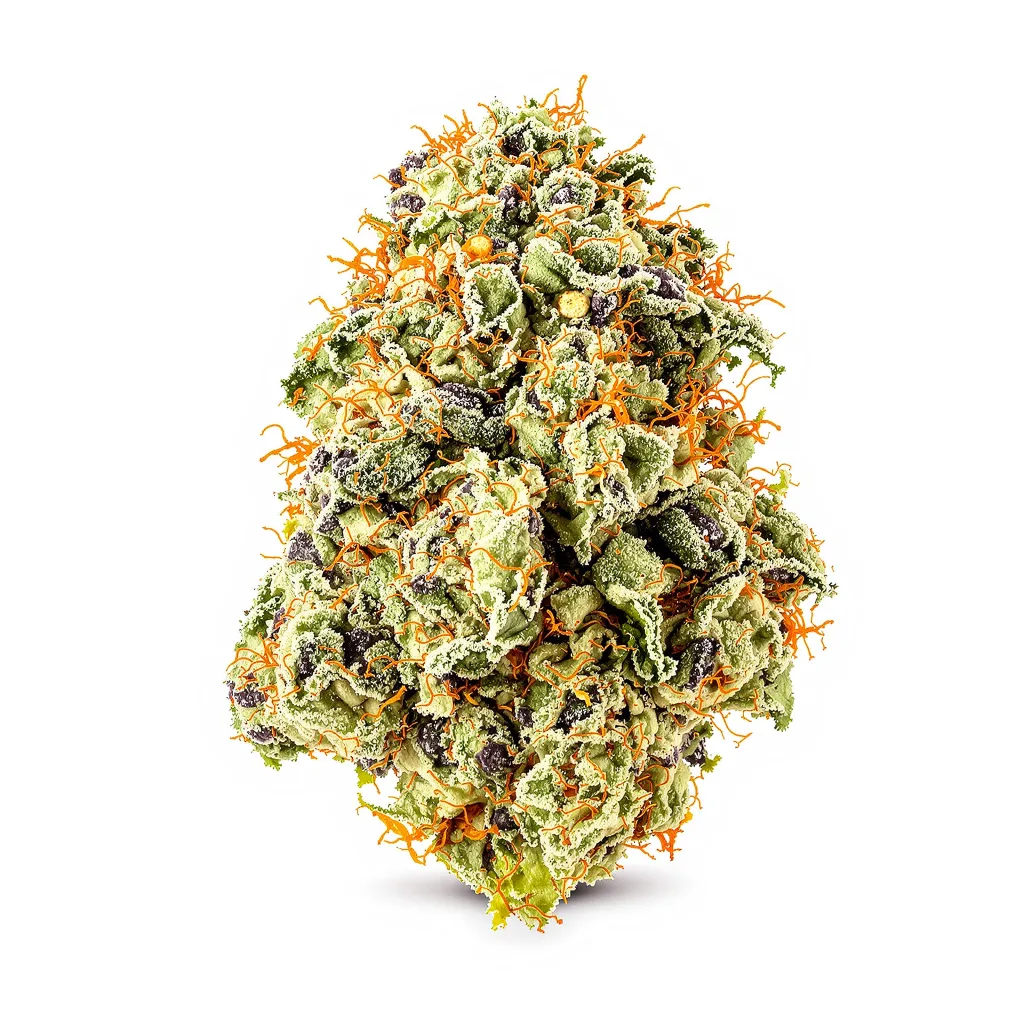 Strawberry Diesel 59% indica / 41% sativa — flor con tricomas visibles