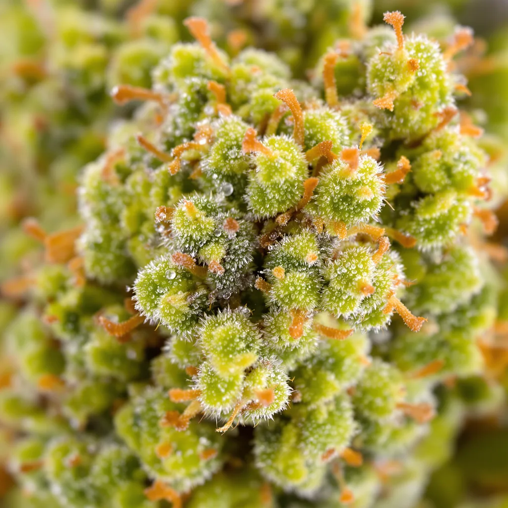 Primer plano de cogollo de cannabis Strawberry mostrando estructura aireada verde lima