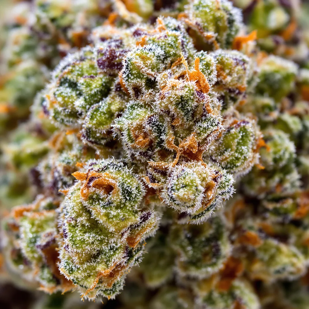 Primer plano de cogollo de cannabis Strawberry Fizz Prerolls mostrando estructura equilibrada con tricomas escarchados