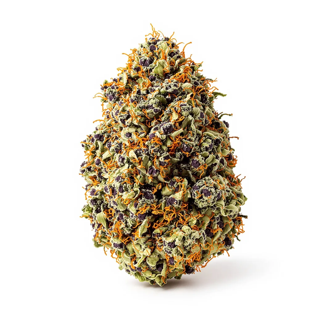 Strawberry Gorilla 70% indica / 30% sativa — flor con tricomas visibles