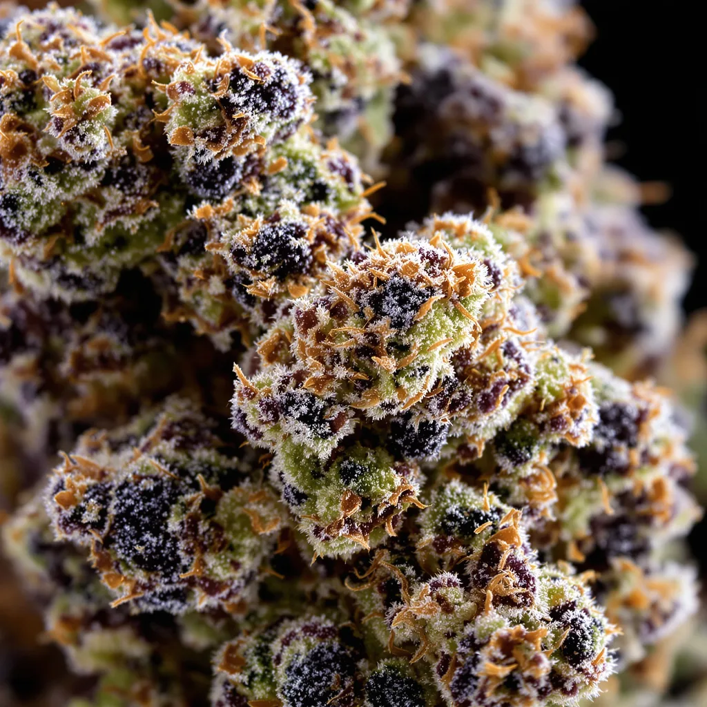 Primer plano de cogollo de cannabis Strawberry Gorilla mostrando cálices densos con tonos morados