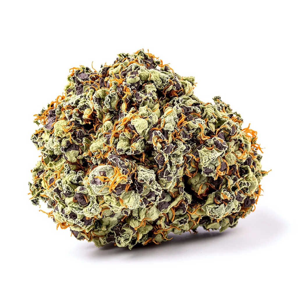 Strawberry Gorilla 70% indica / 30% sativa — flor con tricomas visibles