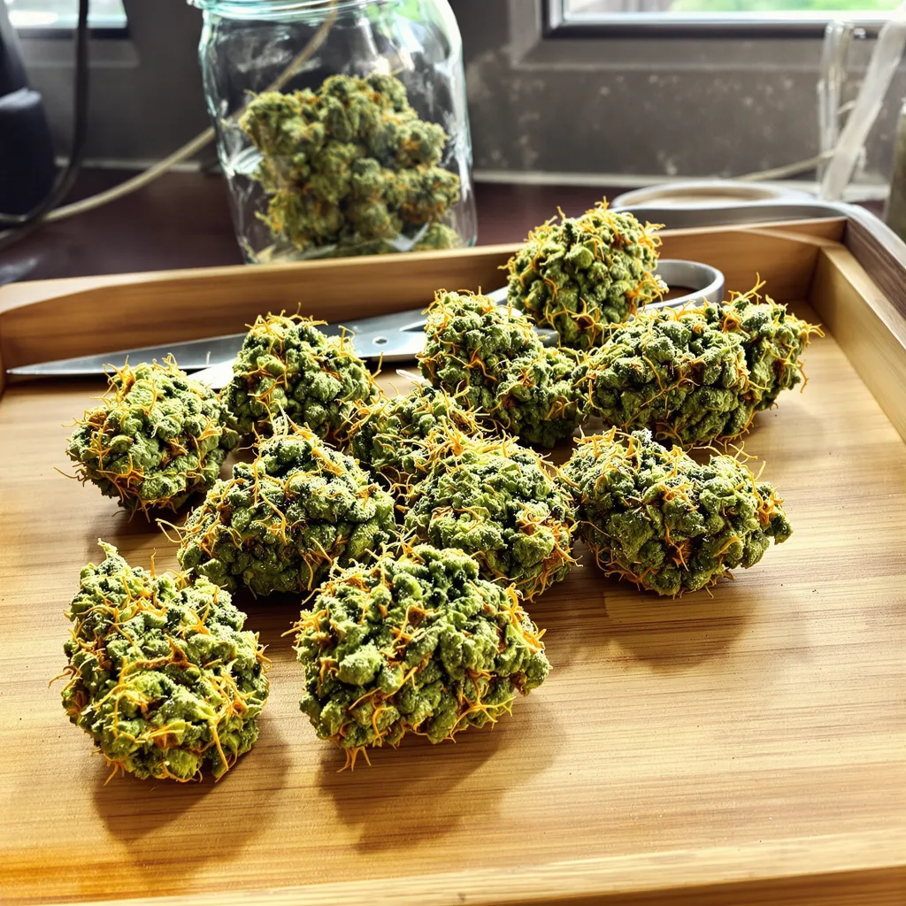Strawberry Haze 25% indica / 75% sativa — flor con tricomas visibles