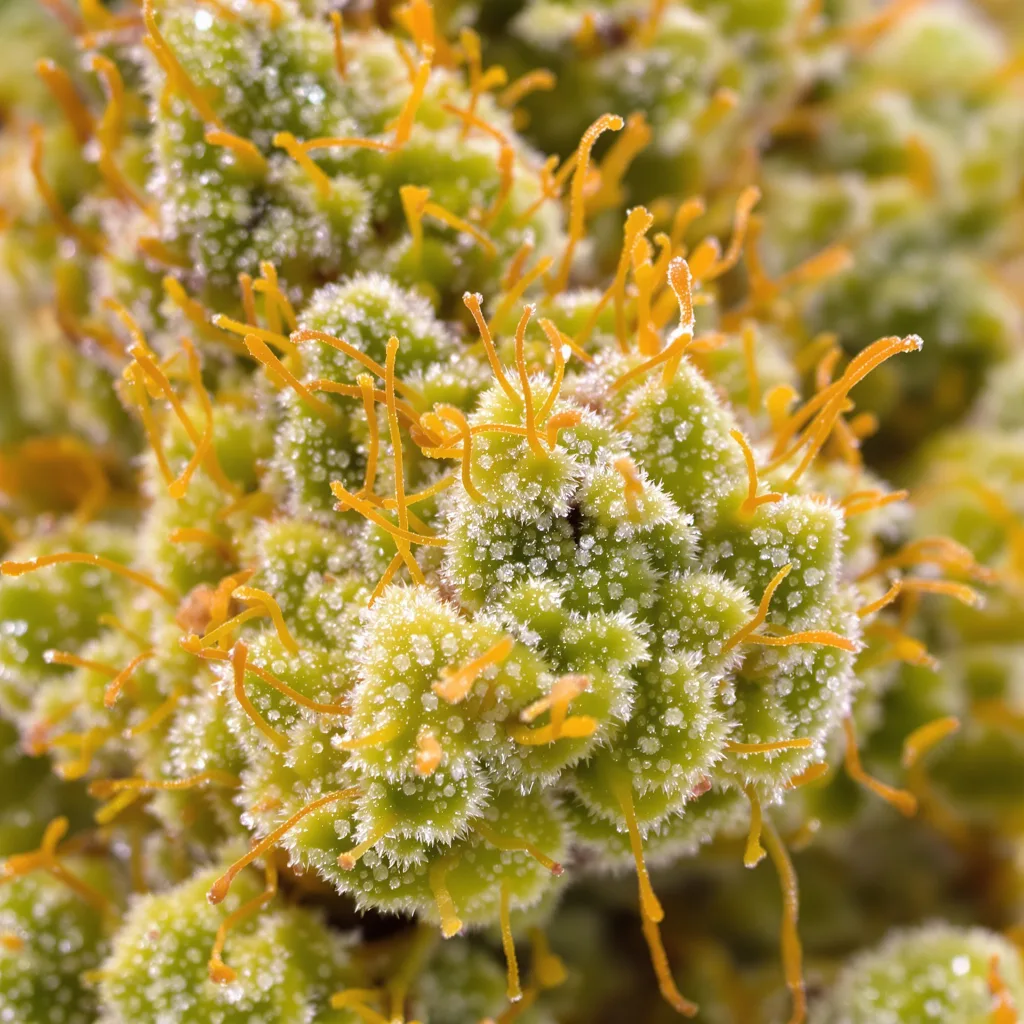 Primer plano de cogollo de cannabis Strawberry Haze mostrando estructura aireada verde lima