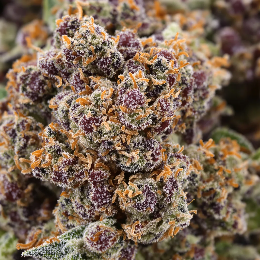 Primer plano de cogollo de cannabis Strawberry Kush mostrando cálices densos con tonos morados