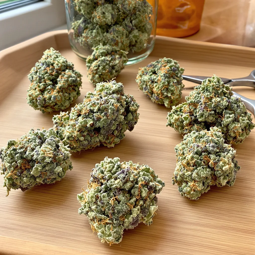 Sugar Cookie 60% indica / 40% sativa — flor con tricomas visibles
