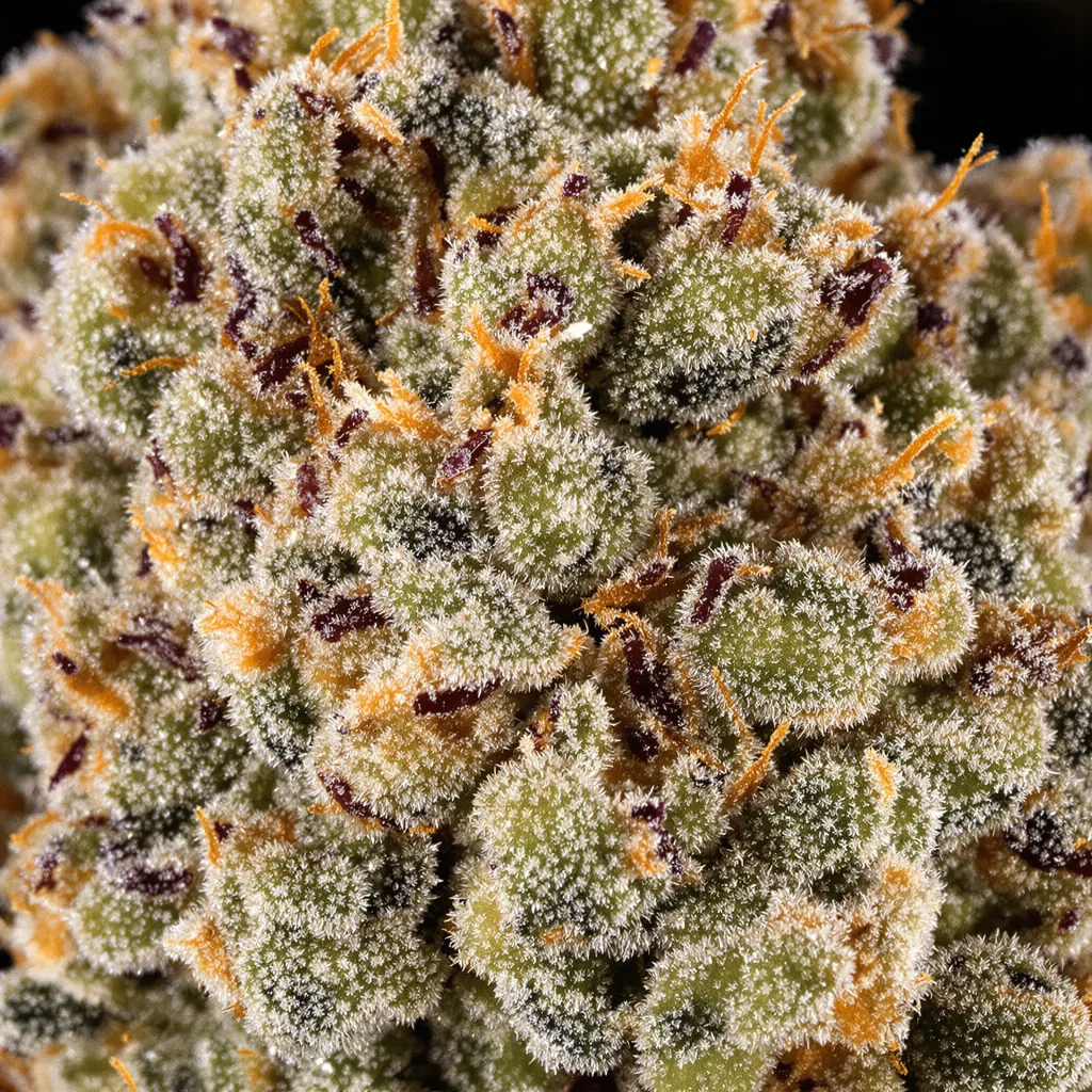 Primer plano de cogollo de cannabis Sugar Cookie mostrando cogollos densos verde bosque
