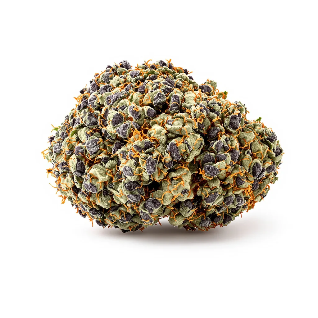 Sugar Kush 69% indica / 31% sativa — flor con tricomas visibles