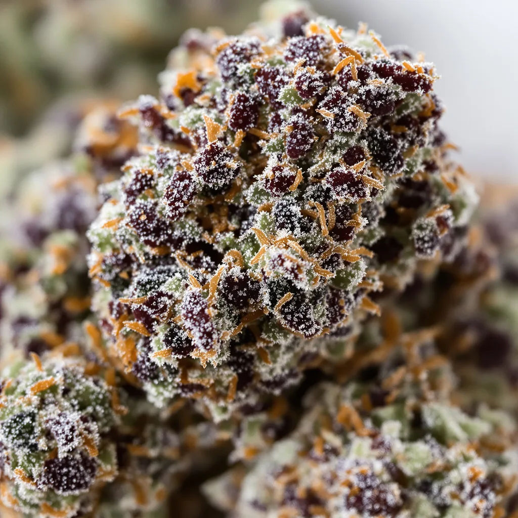 Primer plano de cogollo de cannabis Sugar Shack mostrando cálices densos con tonos morados