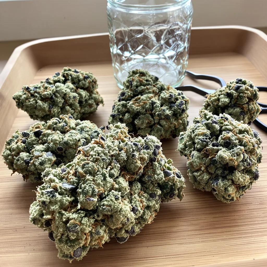 Sundae Driver 64% indica / 36% sativa — flor con tricomas visibles