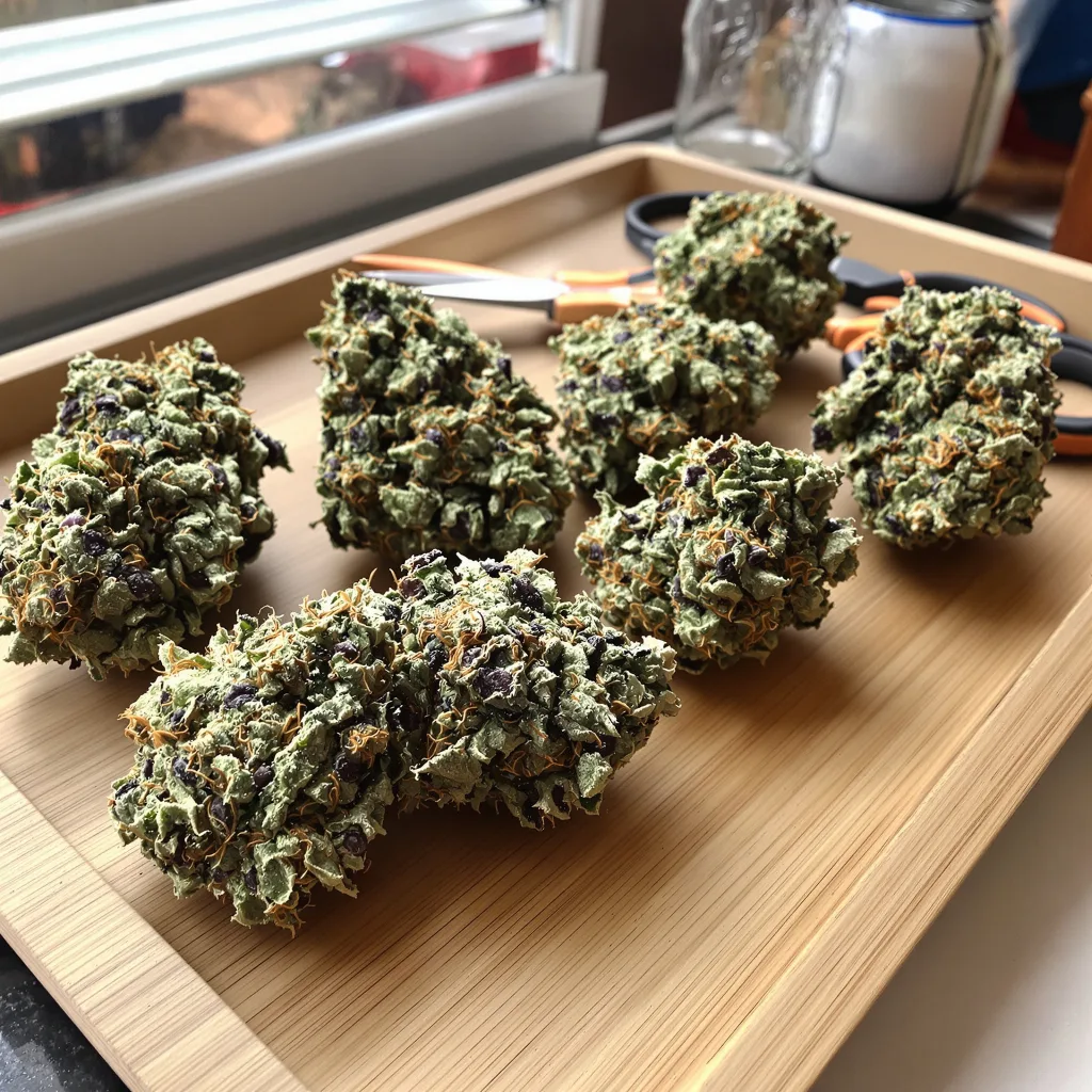 Sunrise 37% indica / 63% sativa — flor con tricomas visibles