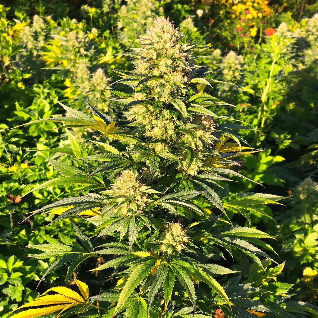 Sunrise 37% indica / 63% sativa — flor con tricomas visibles